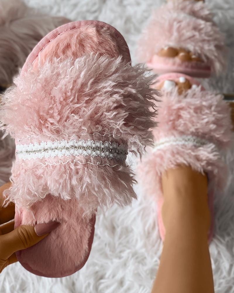 

Lace Patch Round Toe Fluffy Slipper, Pink