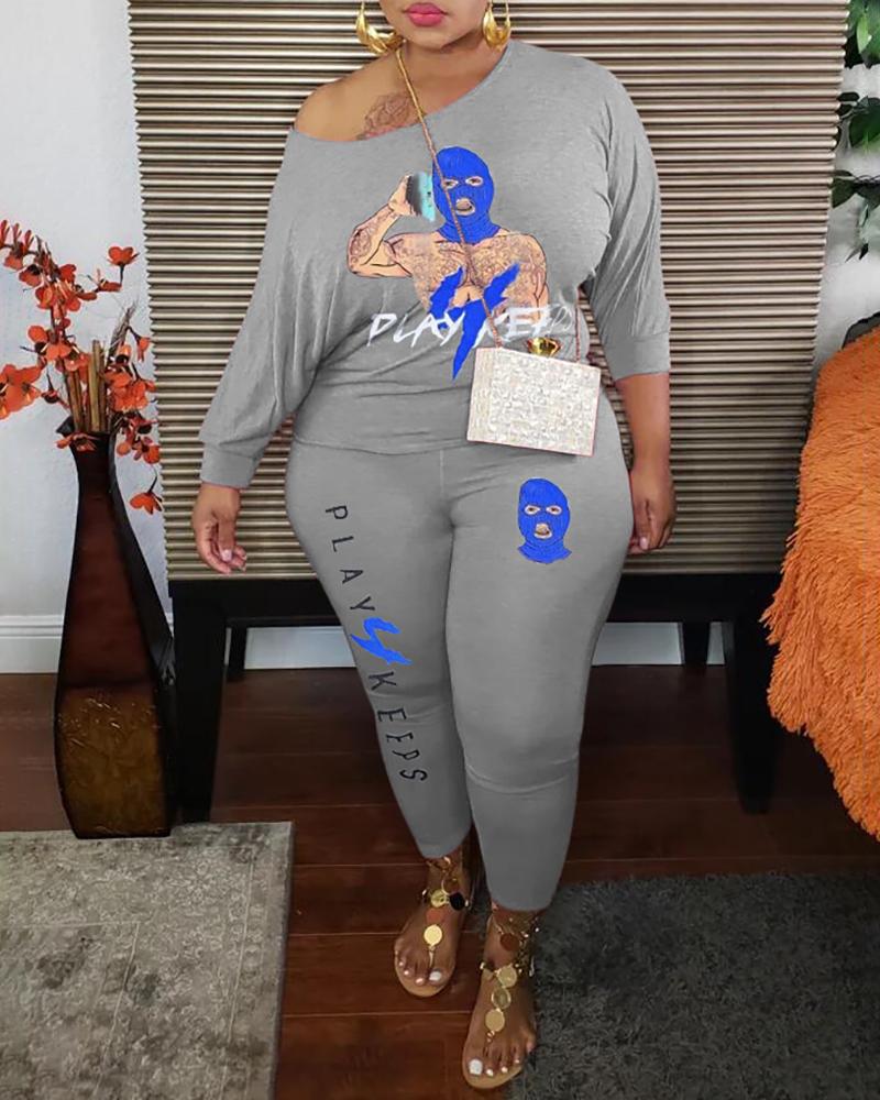 

Plus Size Cartoon Letter Print Top & Pants Set, Gray