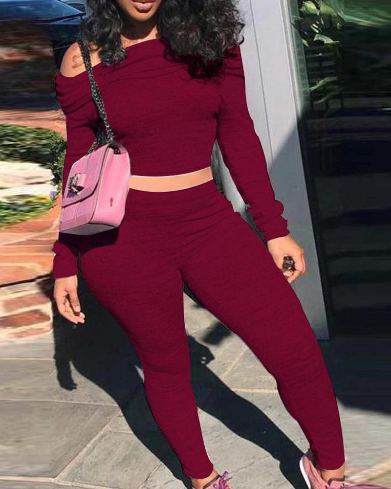 

Off Shoulder Long Sleeve Crop Top & Skinny Pants Set, Wine red