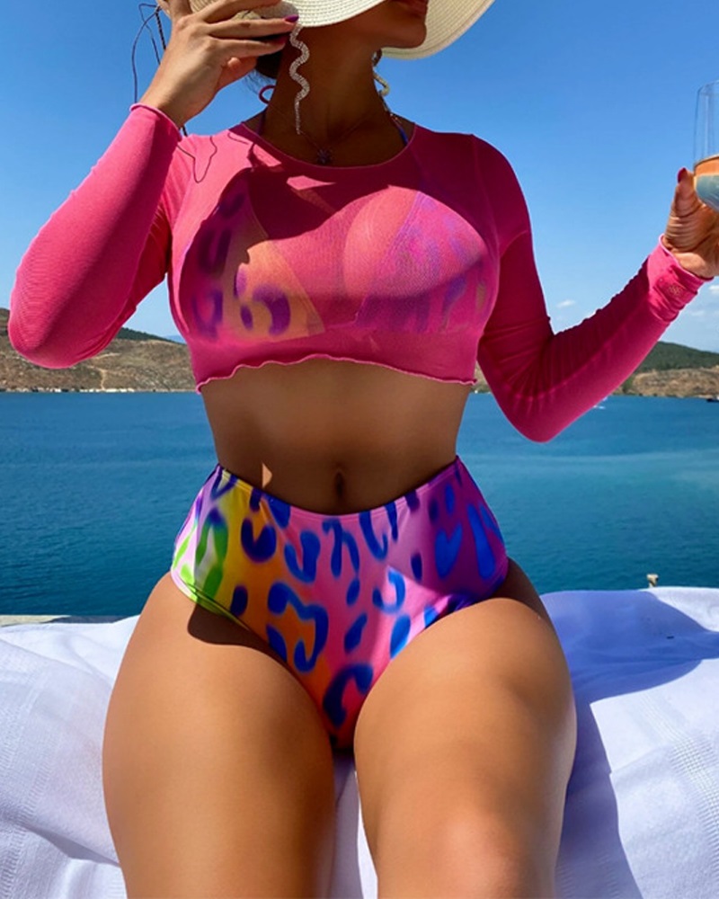 

3PCS Leopard Print Halter Bikini Set With Cover Up Top, Pink