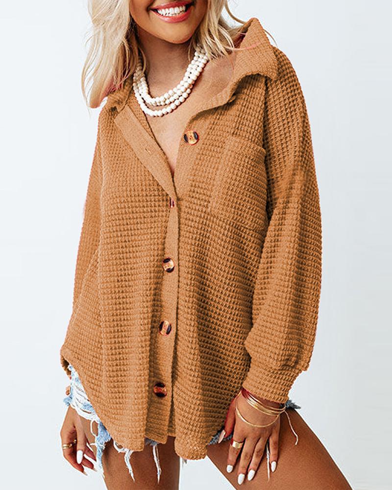 

Long Sleeve Button Down Waffle Knit Shacket, Brown