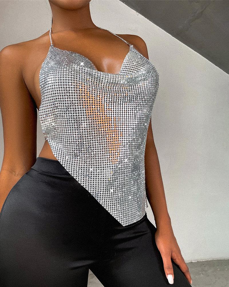 

Allover Sequins Chain Strap Asymmetrical Top, Silver