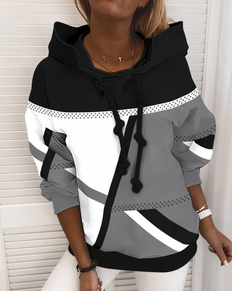 

Geometric Print Long Sleeve Hoodie, Black