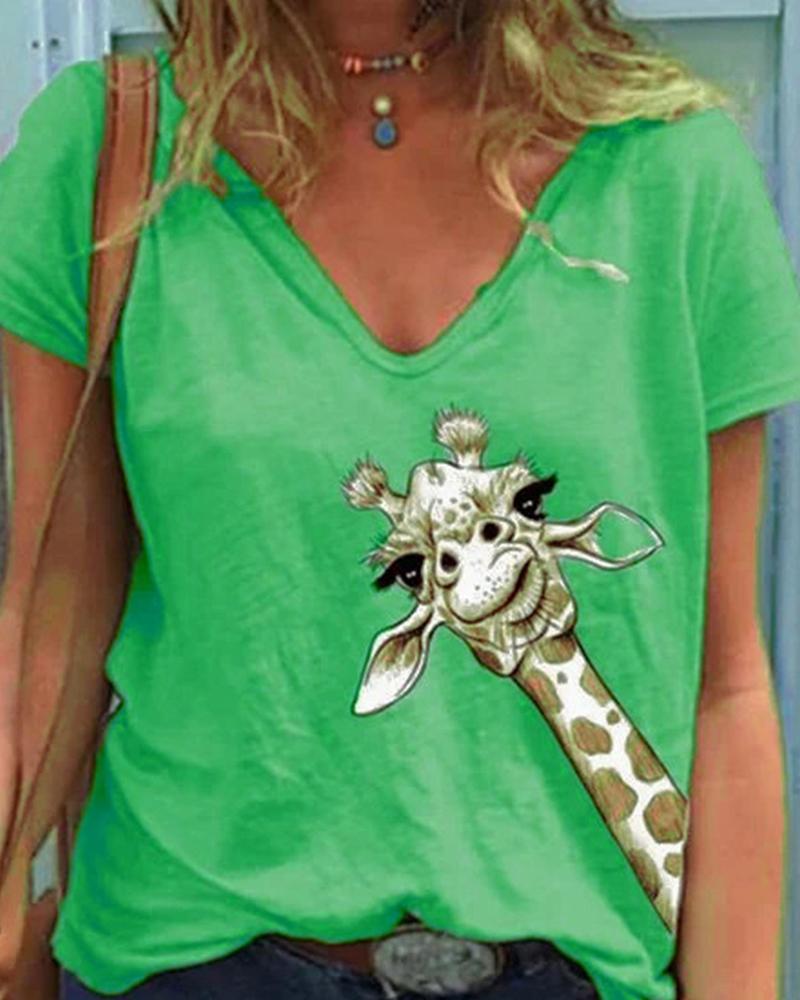 

Giraffe Print Short Sleeve T-shirts, Green