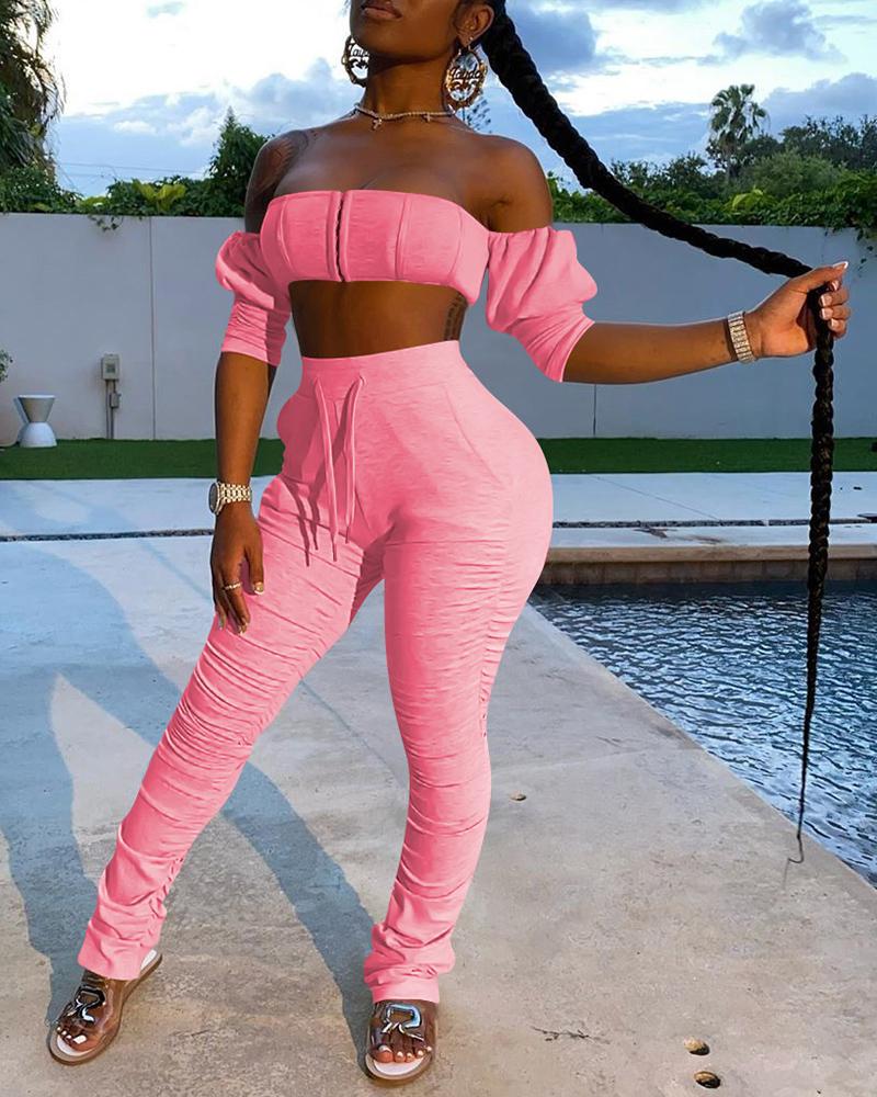 

Off Shoulder Crop Top & Drawstring High Waist Pants Set, Pink