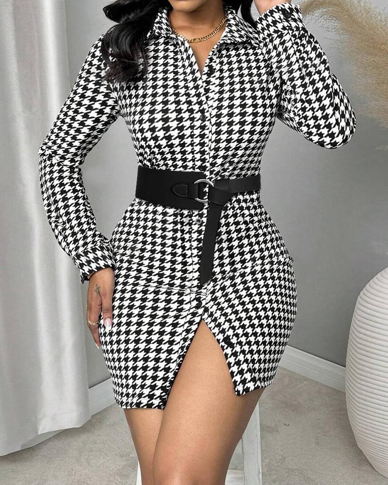 

Houndstooth Print Long Sleeve Turn-down Collar Bodycon Dress Button Front Mini Dress, Blackwhite