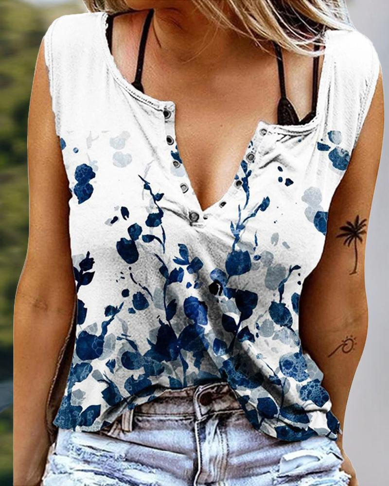 

Plants Print Eyelet Decor Casual Tank Top, White