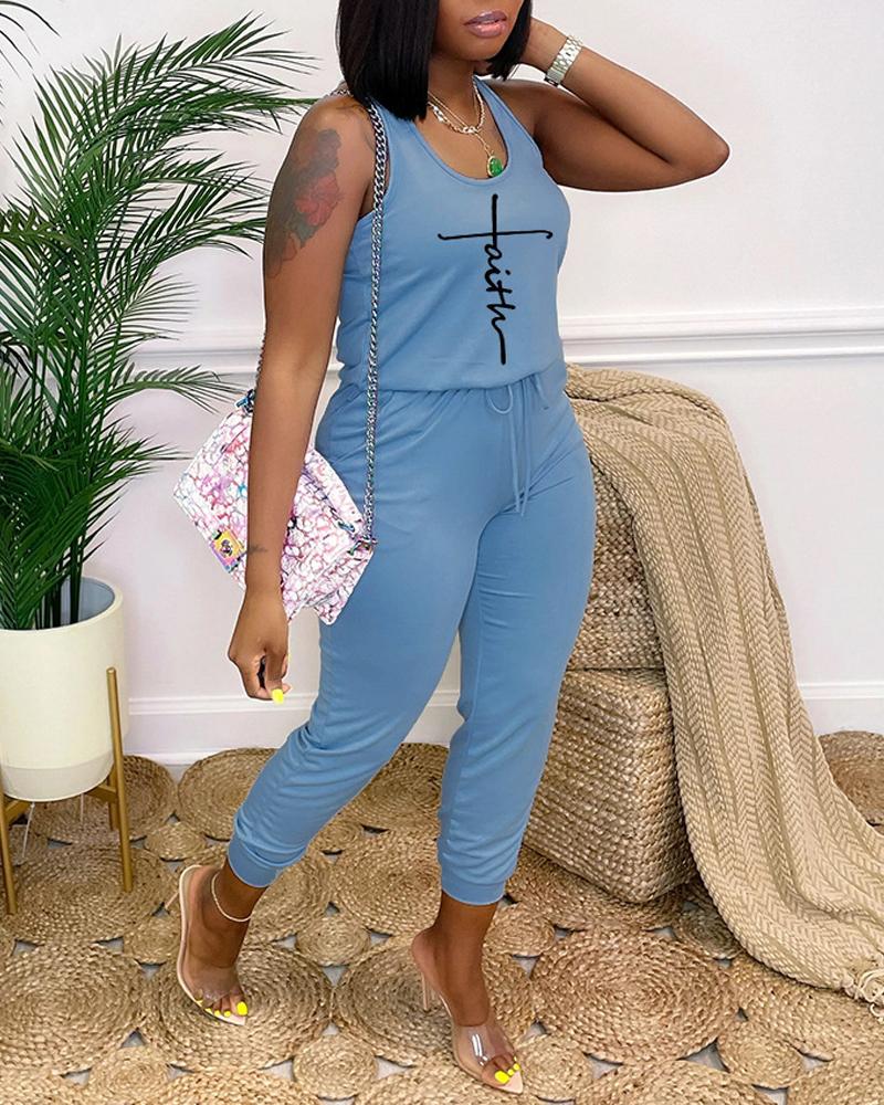 

Letter Print Sleeveless Drawstring Jumpsuit, Blue