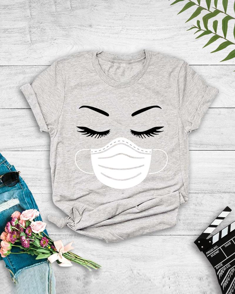 

Eyelash Mask Print Short Sleeve Casual T-shirt, Gray