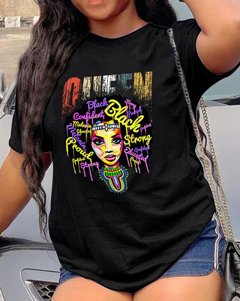 

Cartoon & Letter Print Short Sleeve T-shirt, Black