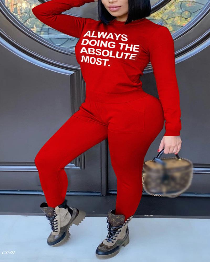 

Plus Size Letter Print Long Sleeve Top & Pants Set, Red