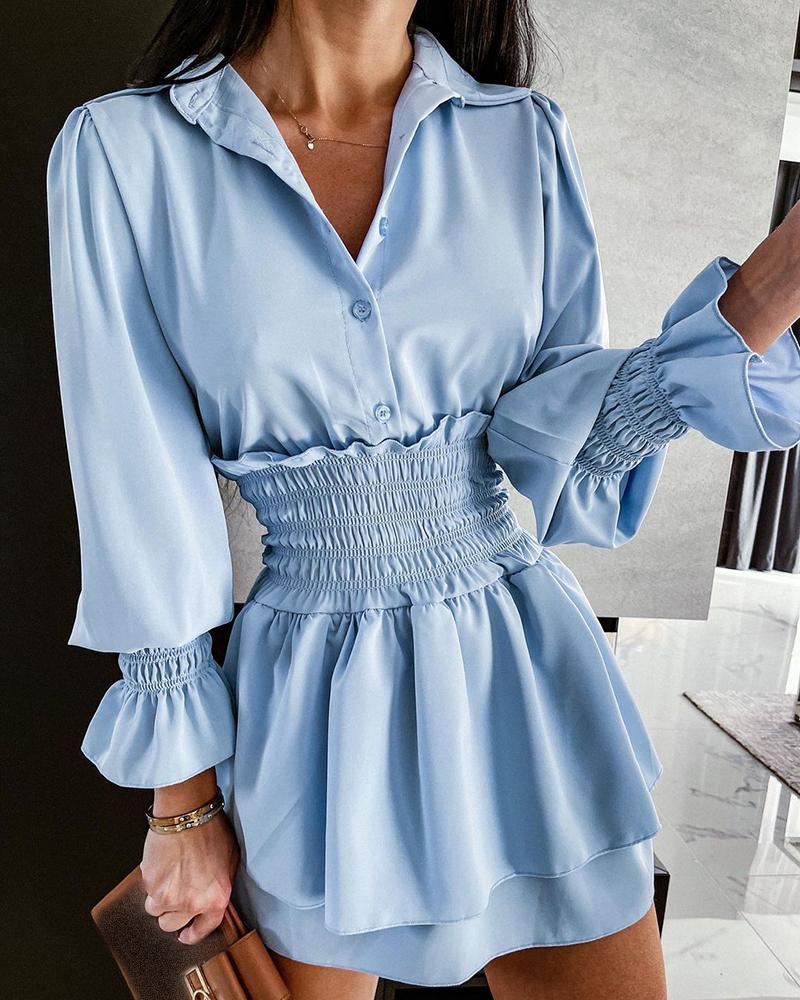 

Layered Ruffles Shirring Detail Flared Sleeve Buttoned Shirt Dress, Blue