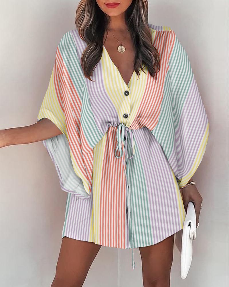 

Striped Print Button Front Drawstring Casual Dress, Multicolor