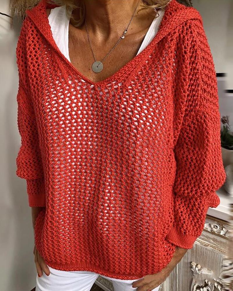 

Knit Hollow Out Long Sleeve Hooded Sweater, Red