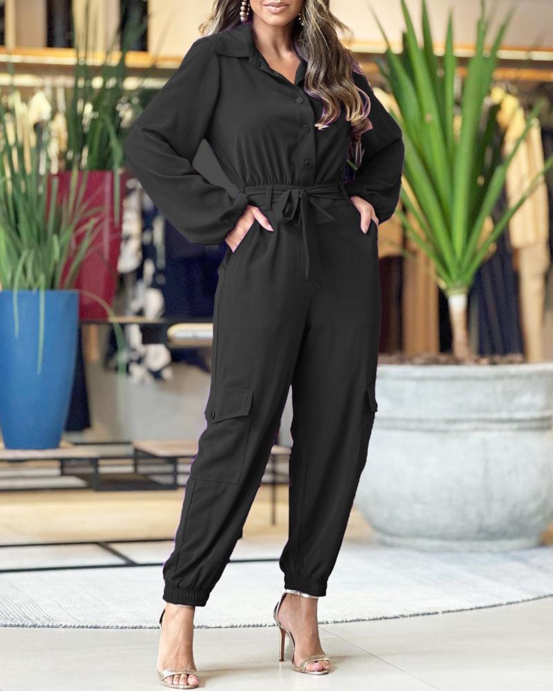

Buttoned Tied Detail Cuffed Jumpsuit, Black