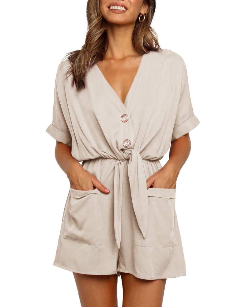 

V-Neck Pocket Design Tied Detail Romper, Apricot