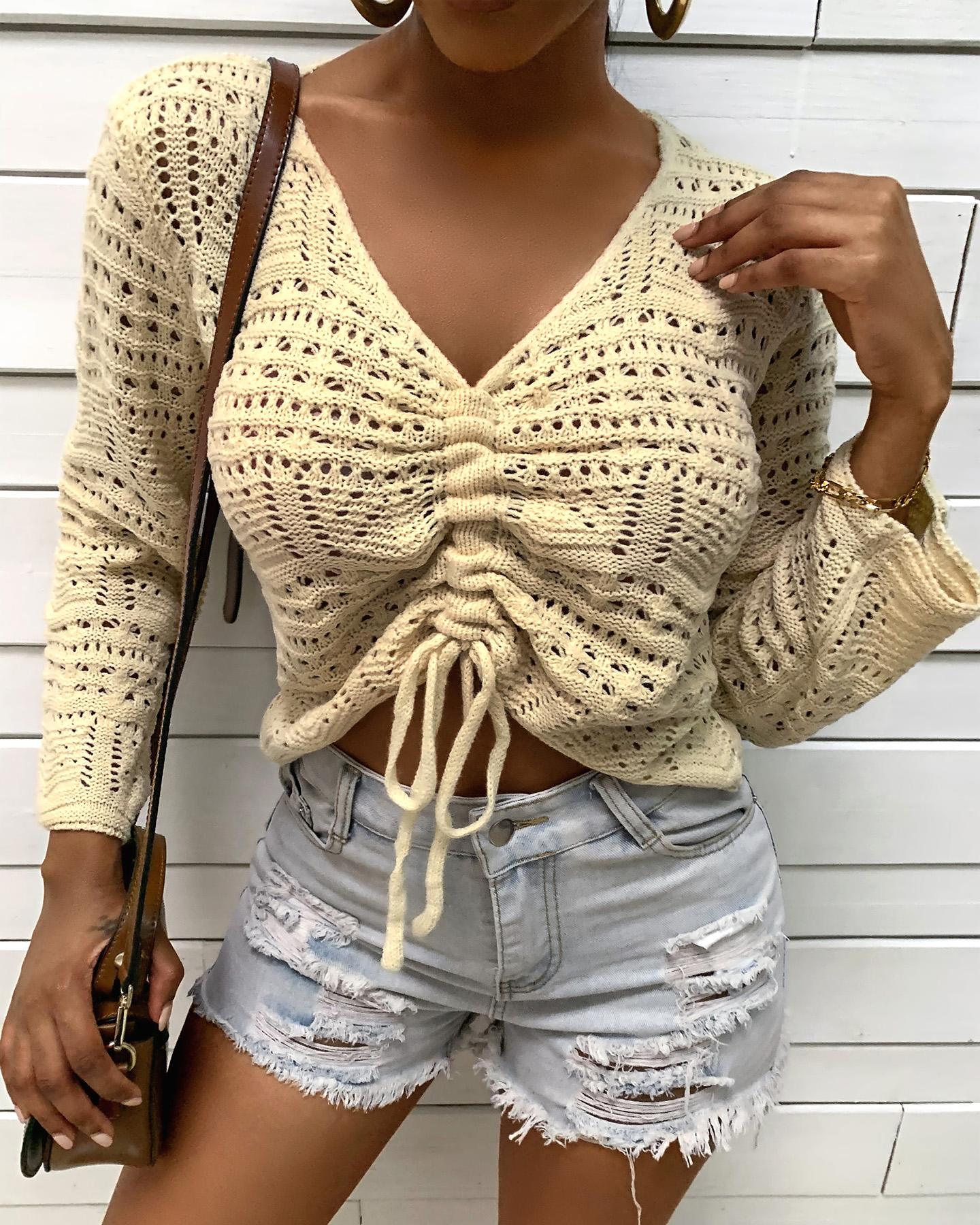 Solid Drawstring Ruched Knit Sweater