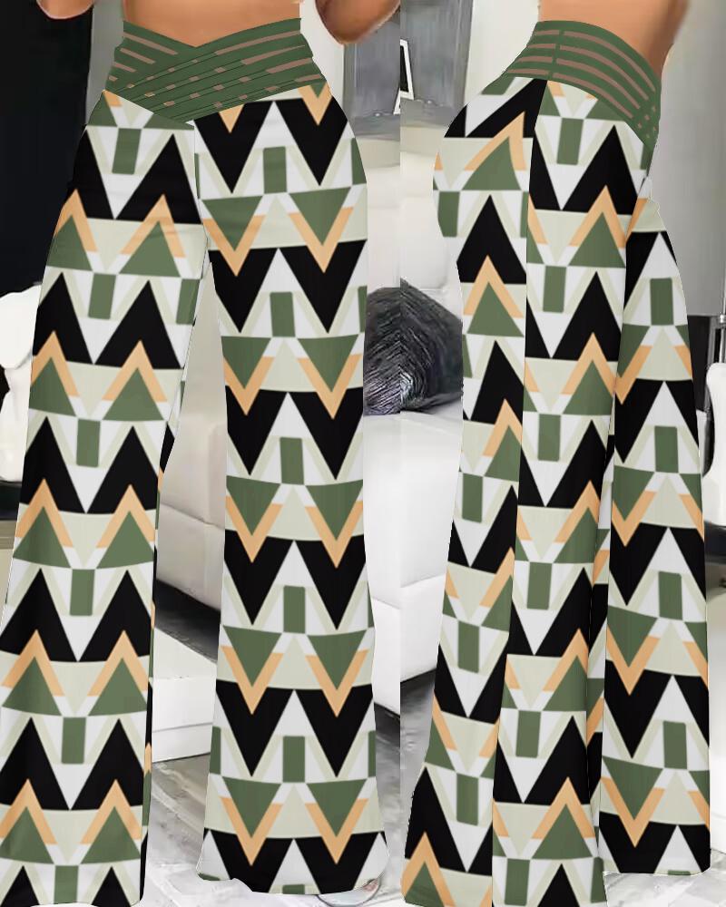 

Geometric Print Overlap Waist Wide Leg Pants, Green