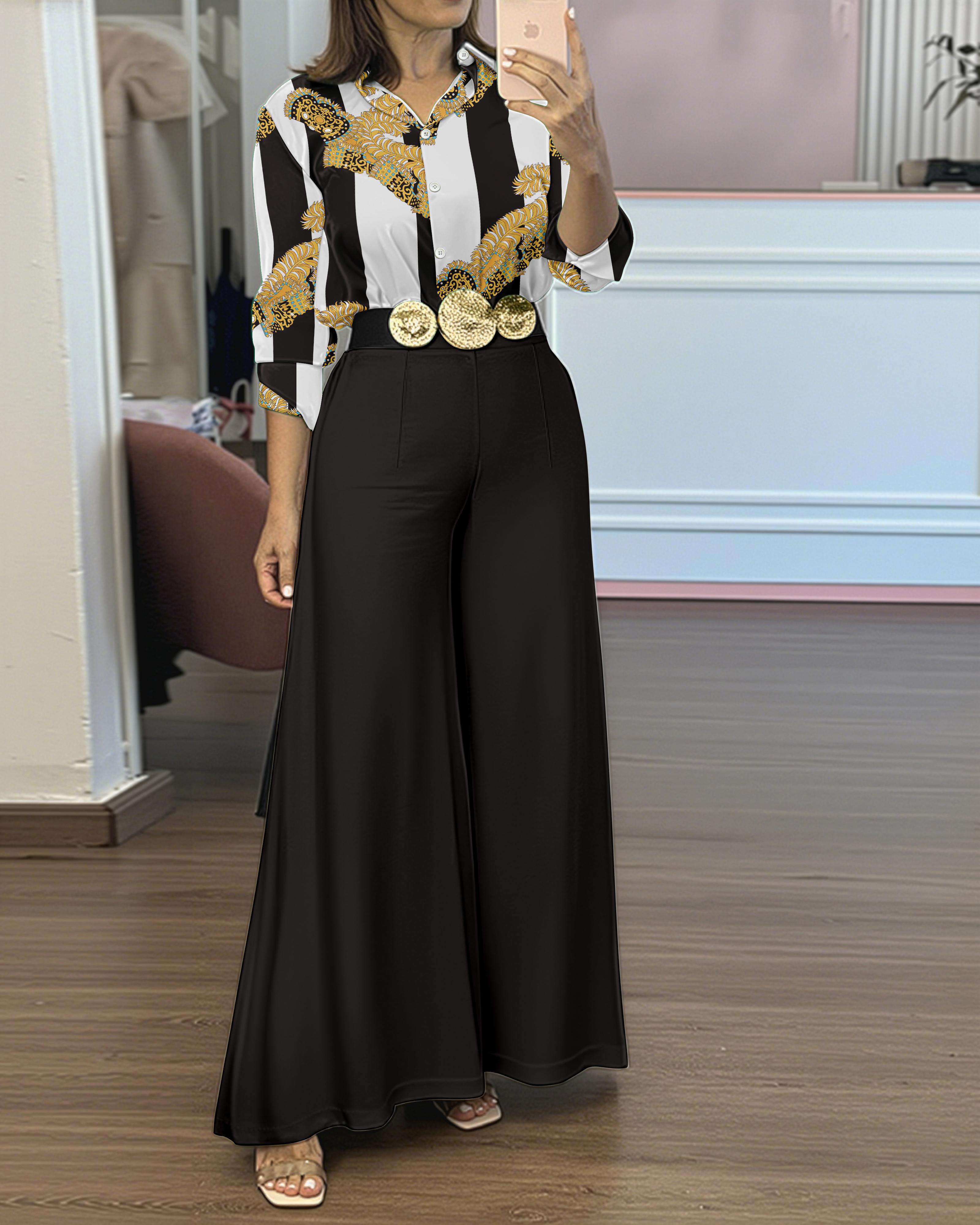 

2 Pieces Outfit Striped & Golden Floral Print Turn-down Collar Button Front Top and Causal High Waist Elastic Back Waist Wide Leg Pants Set, Black