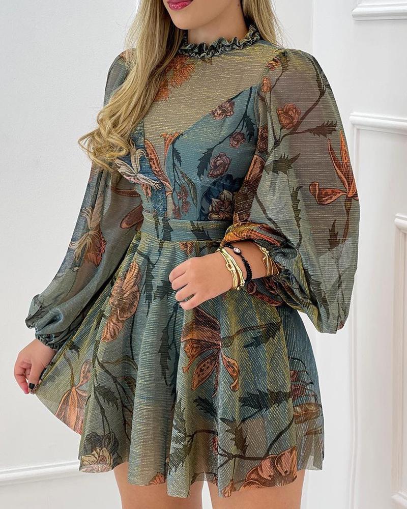 

Floral Print Lantern Sleeve Frill Hem Mesh Dress, Blue