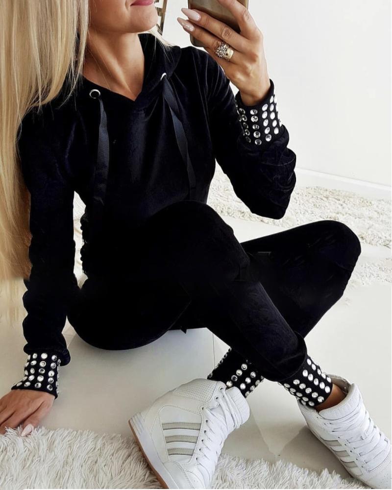 

Hot Stamping Hooded Drawstring Top & Pants Sets, Black