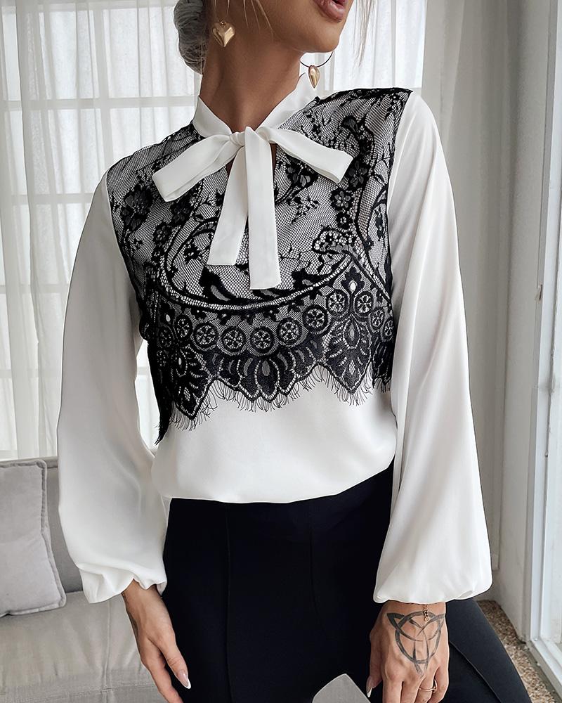

Tied Detail Lace Patch Lantern Sleeve Top, White
