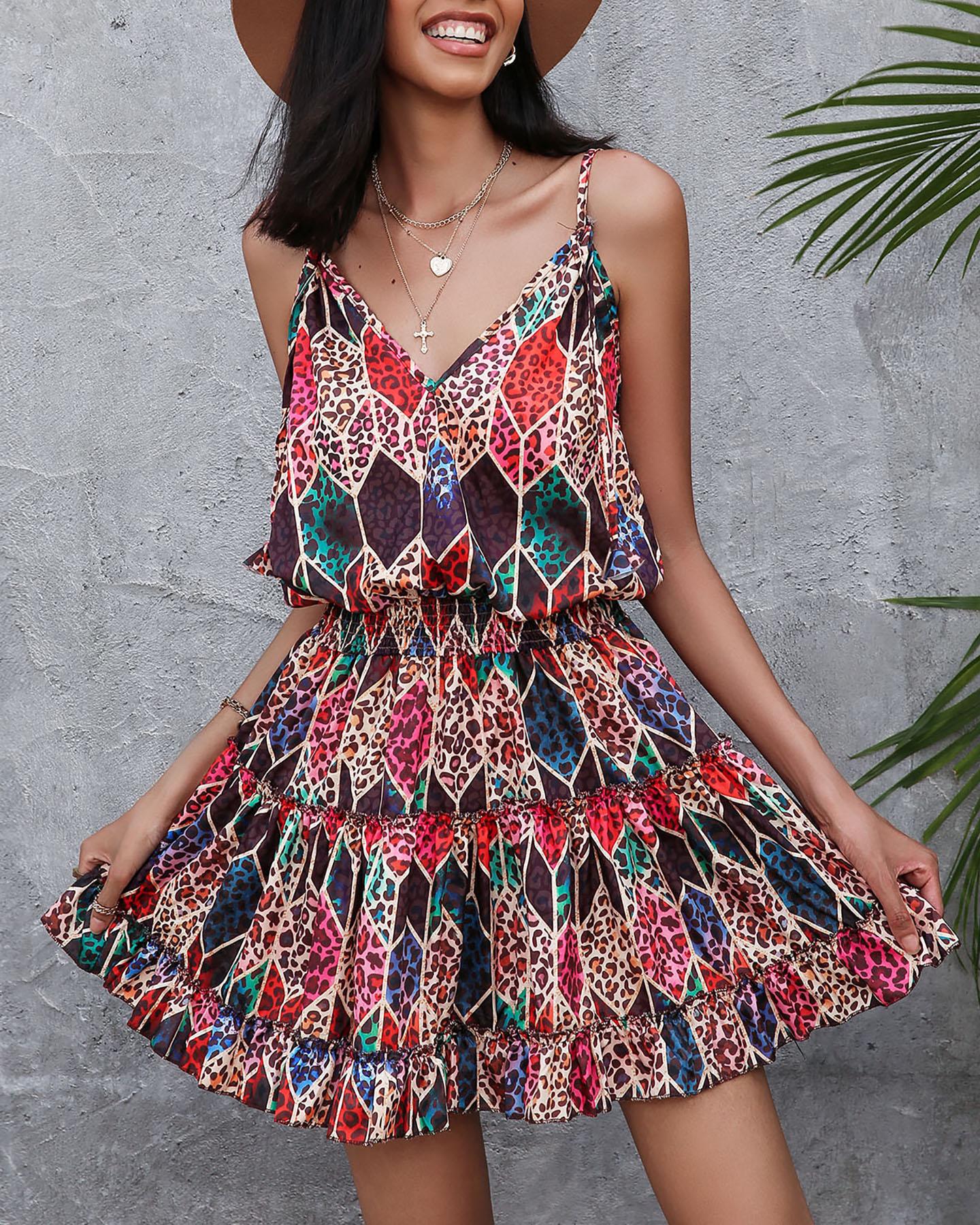 

Colorful Cheetah Print Spaghetti Strap Mini Dress, Multicolor