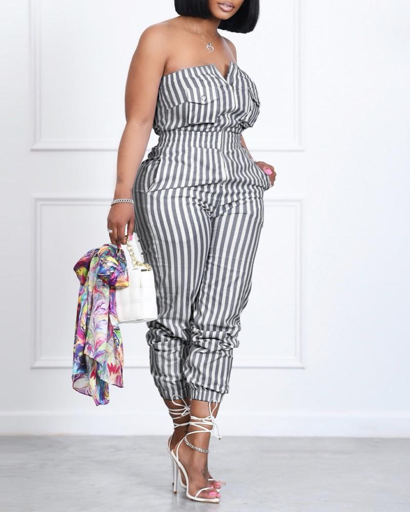

Striped Print Zip Front Bandeau Jumpsuit, Black