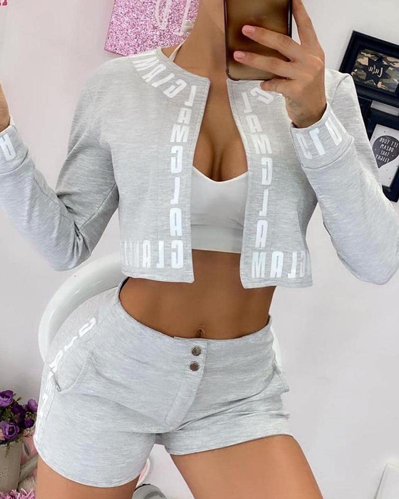 

Letter Print Crop Top & Buttoned Shorts Set, Gray