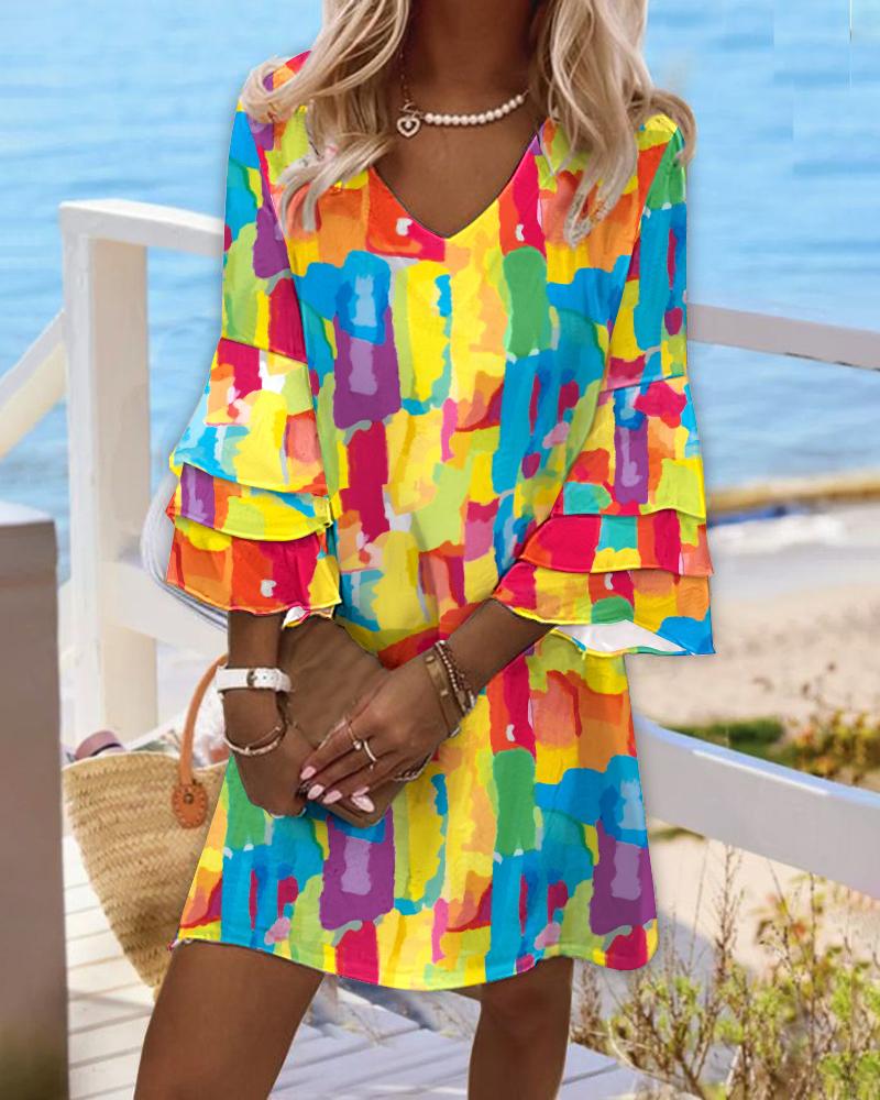 

Melting Colors All Over Print Ruffles Bell Sleeve Casual Dress, Multicolor