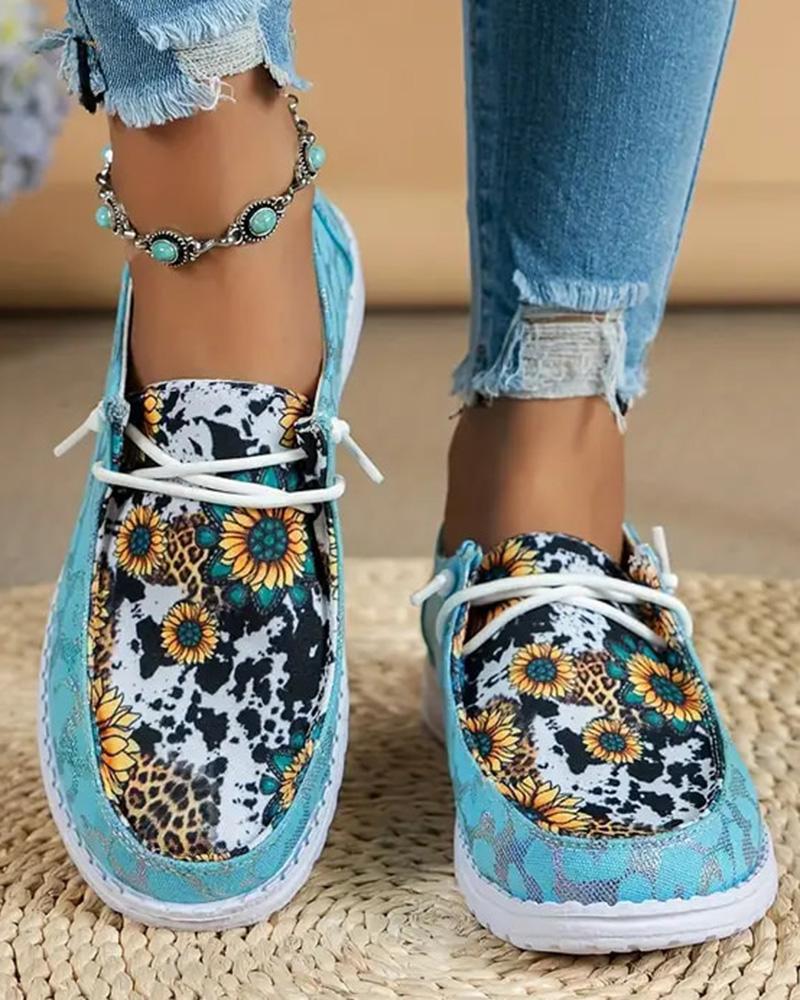 

Sunflower Print Lace-up Casual Slip-on, Blue