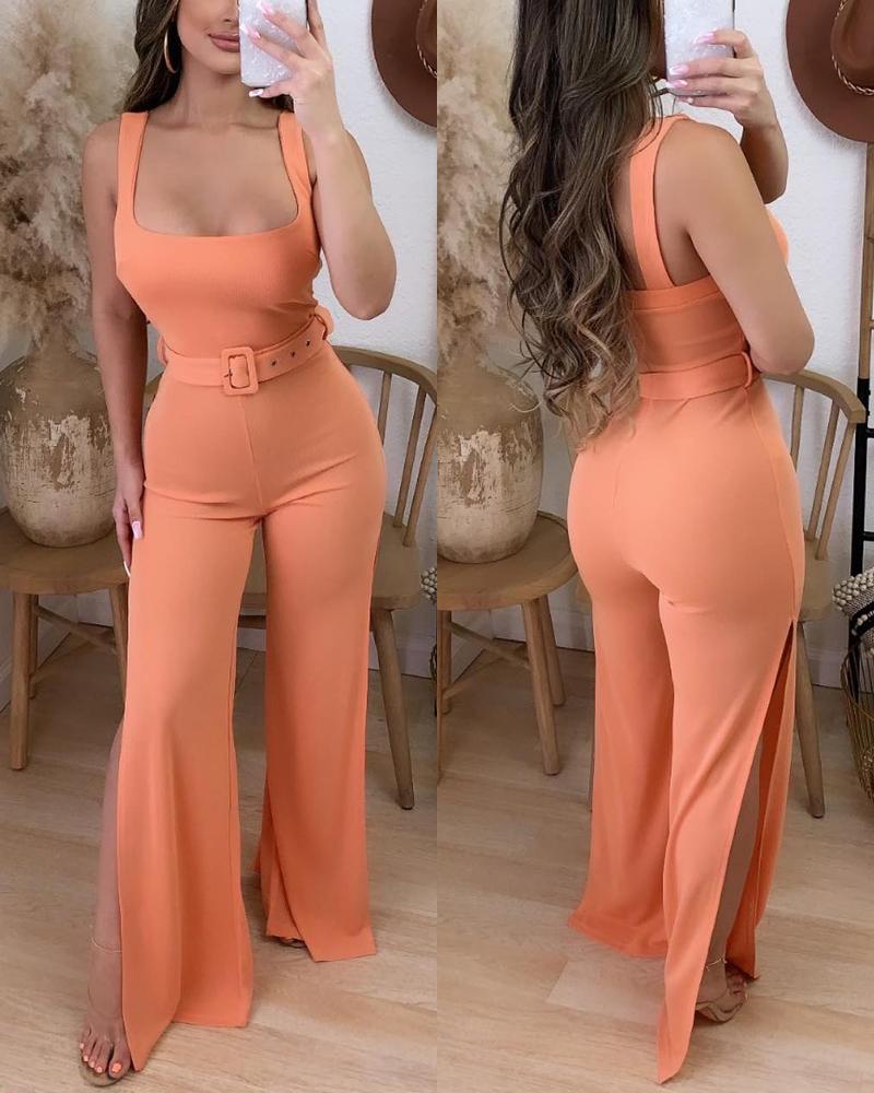 

U-Neck Thick Strap Slit Bootcut Jumpsuit, Orange