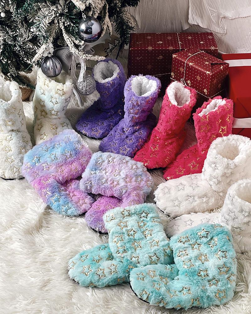 

Calcetines pantuflas con estampado de estrellas navideñas para mujer, calcetines peludos con agarre, calcetines térmicos gruesos y acogedores para el hogar, Purple