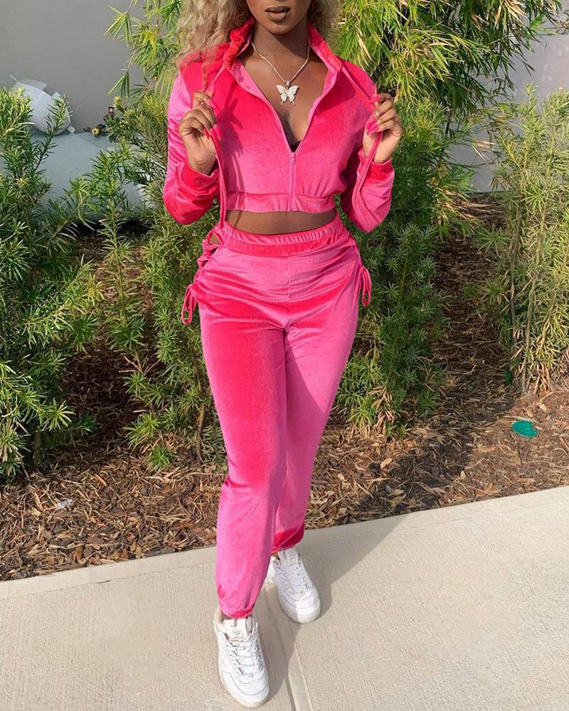 

Velvet Zipper Design Hooded Top & Lace-up Pants Set, Hot pink