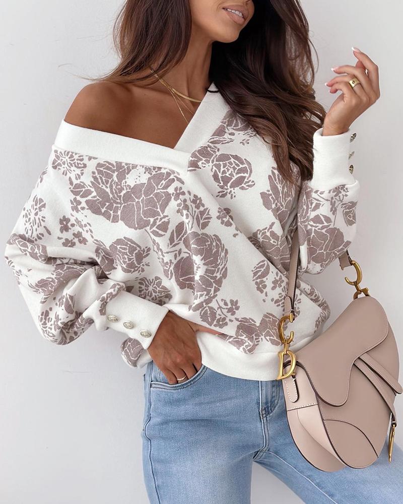 

Floral Print Lantern Sleeve Top, White