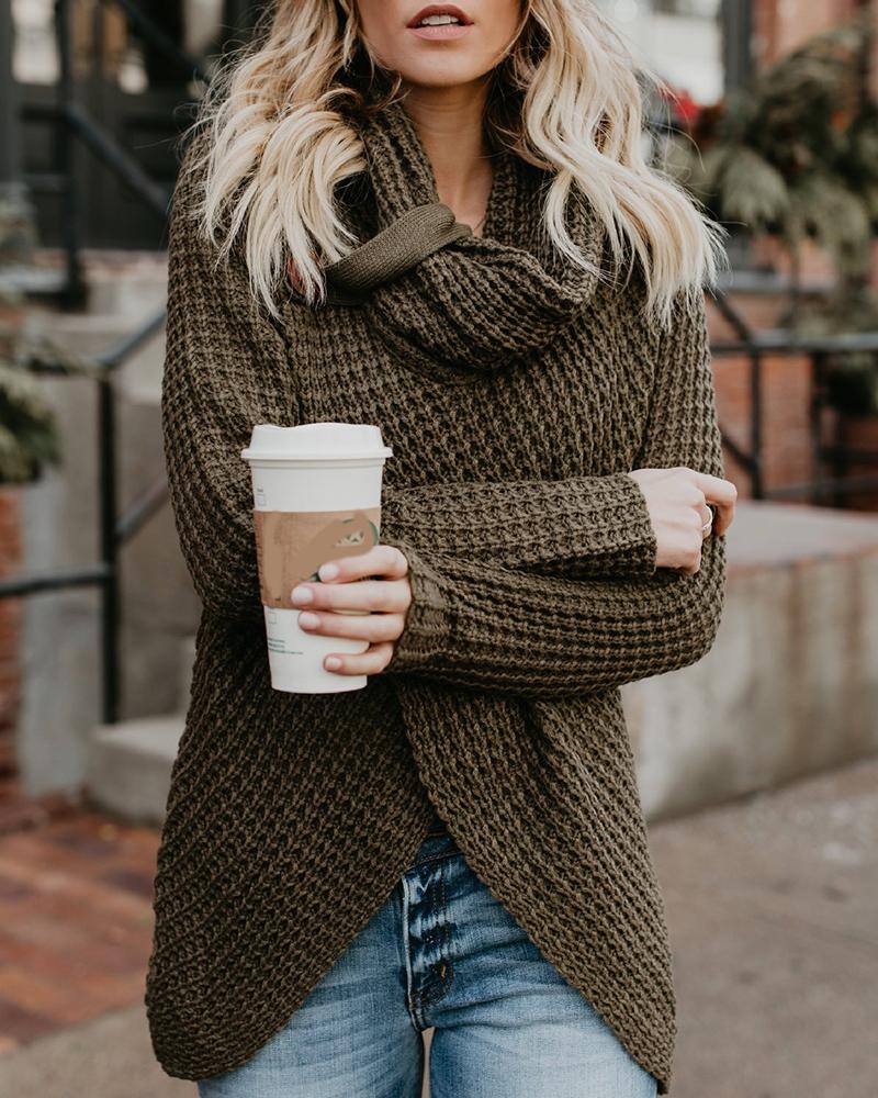 

High Neck Button Decor Waffle Knit Sweater, Green