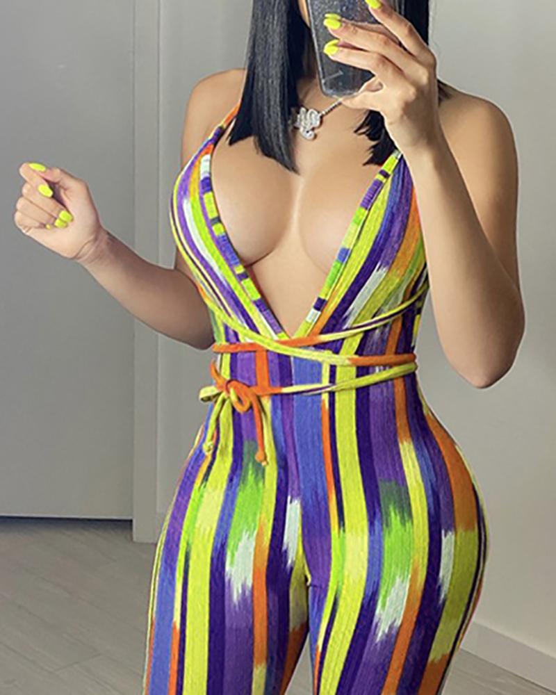 

Abstract Print Lace Up Halter Bootcut Jumpsuit, Yellow