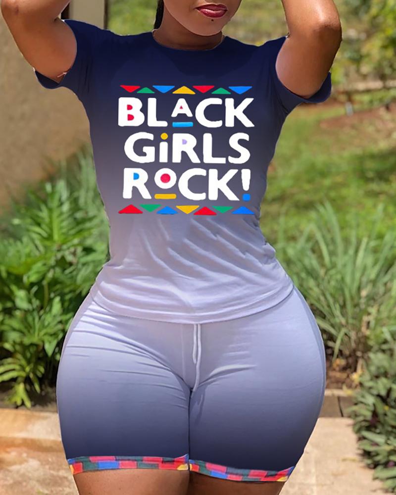 

Ombre Colorblock Letter Print T-shirt & Shorts Set, Dark blue