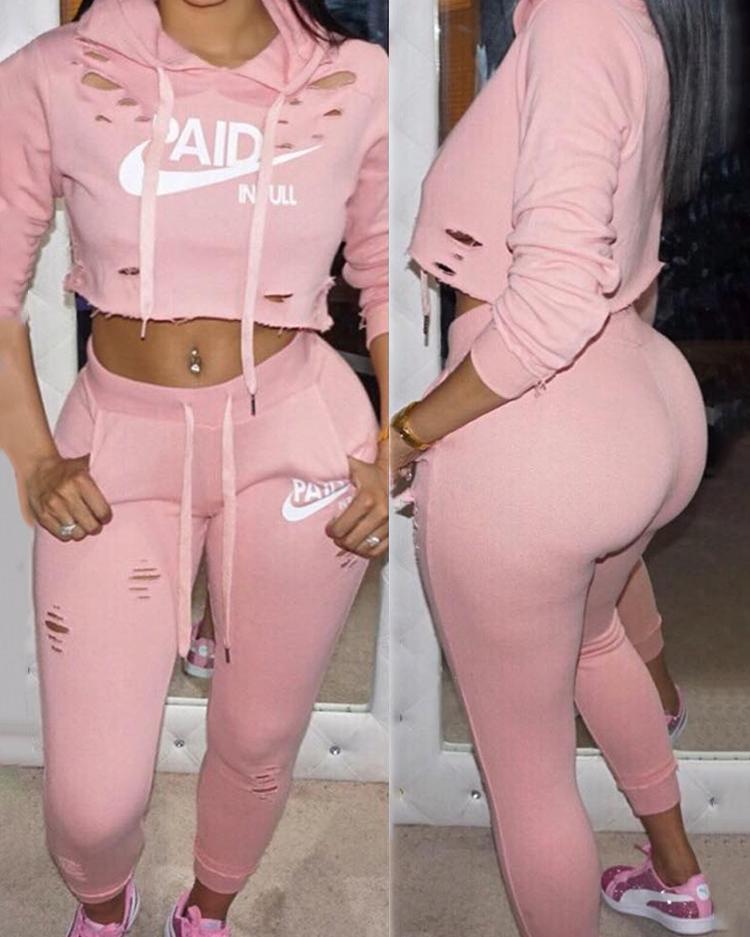 

Fashion Ripped Letter Print Drawstring Cropped Tracksuit, Pink