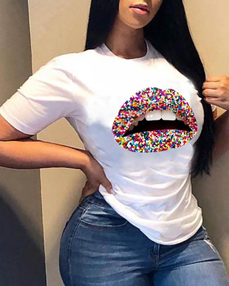 

Multicolor Lips Print Short Sleeve Loose T-shirts, Style1