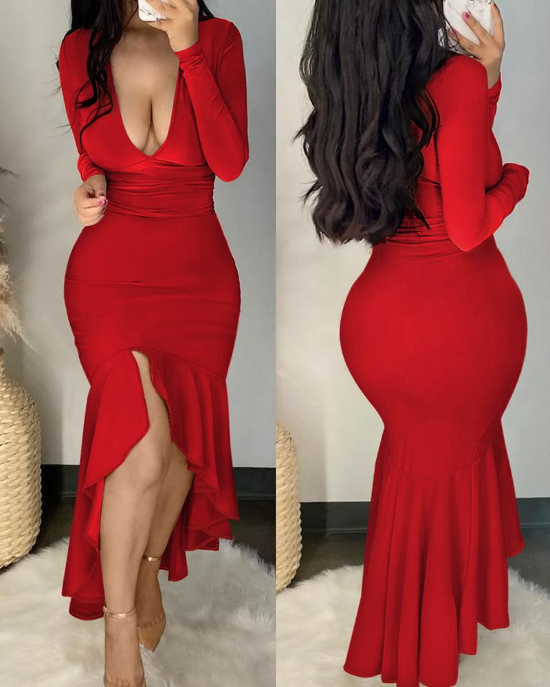 

Long Sleeve Deep V-Neck Mermaid Dress, Red