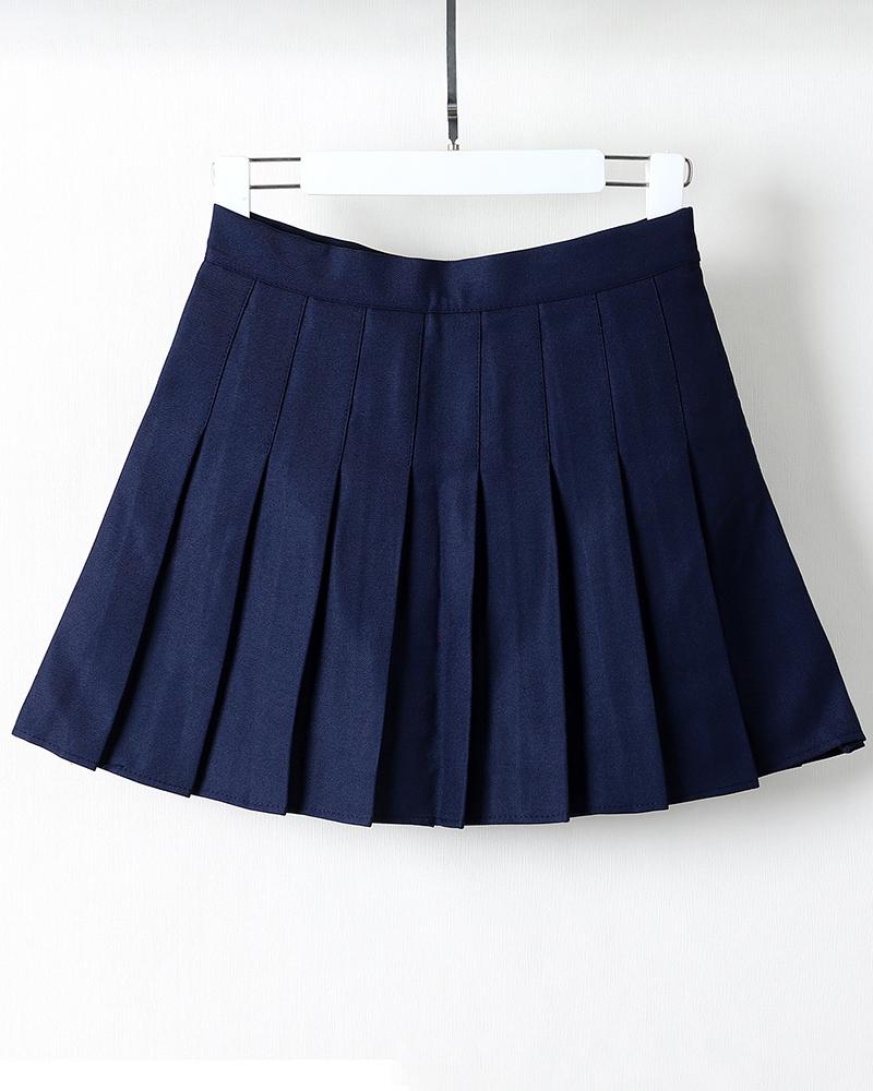 

Plain High Waist Pleated Skirt, Blue