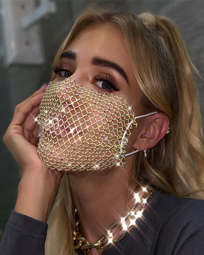 

Bling Rhinestone Decor Fishnet Design Face Mask, Yellow
