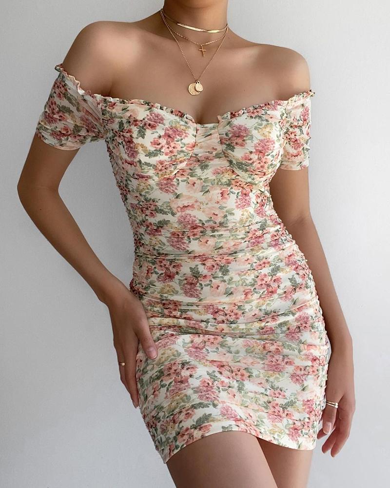 

Off Shoulder Floral Print Frill Hem Bodycon Dress, Pink