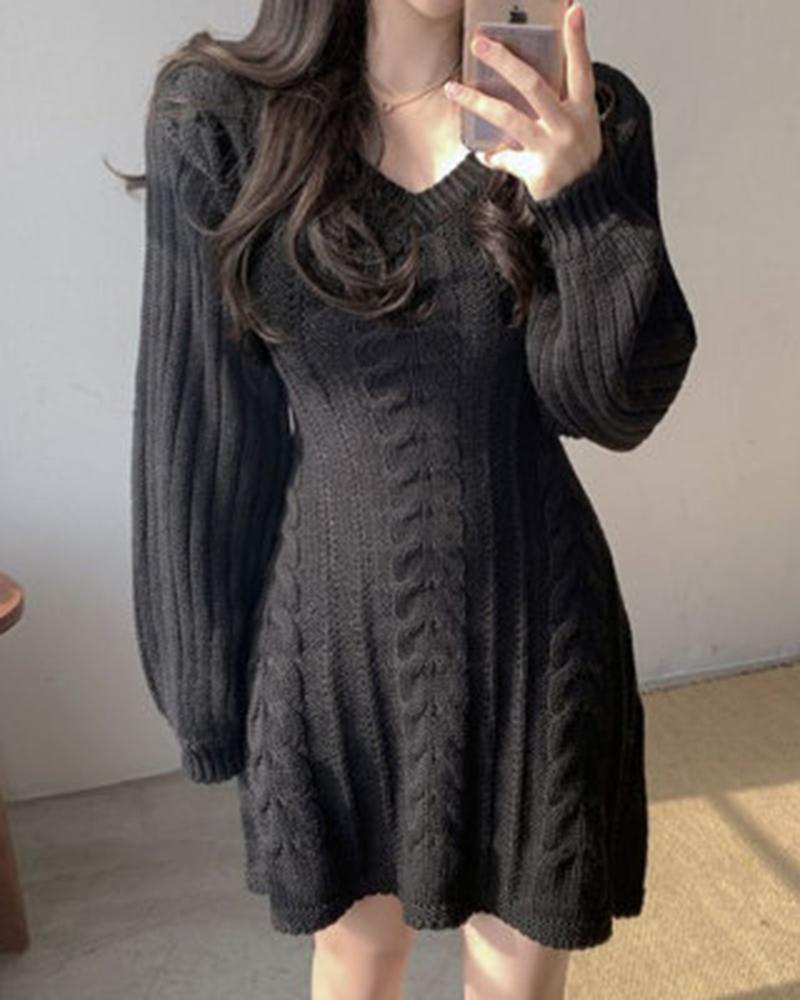 

Braided Knit Long Sleeve Dress, Black