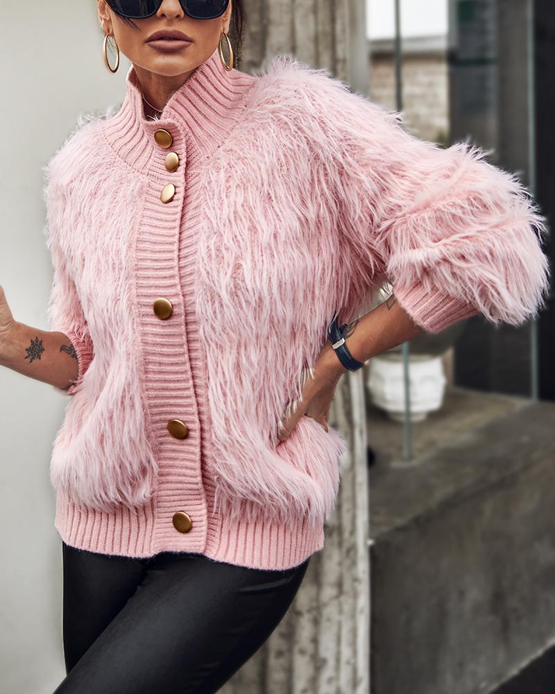 

Buttoned Fluffy Lantern Sleeve Knit Cardigan, Pink