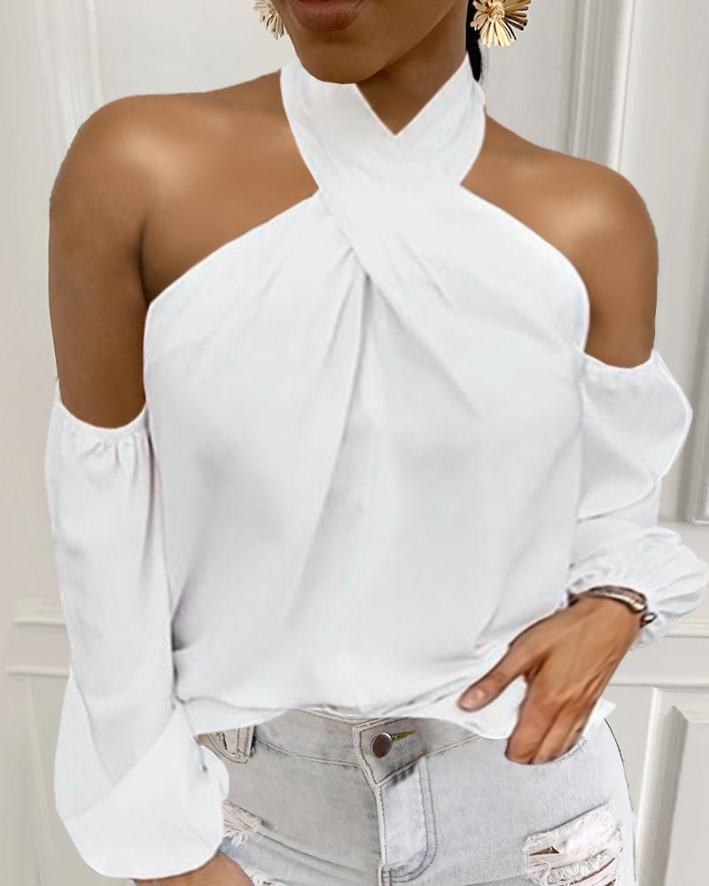 

Halter Cold Shoulder Zipper Design Back Top, White