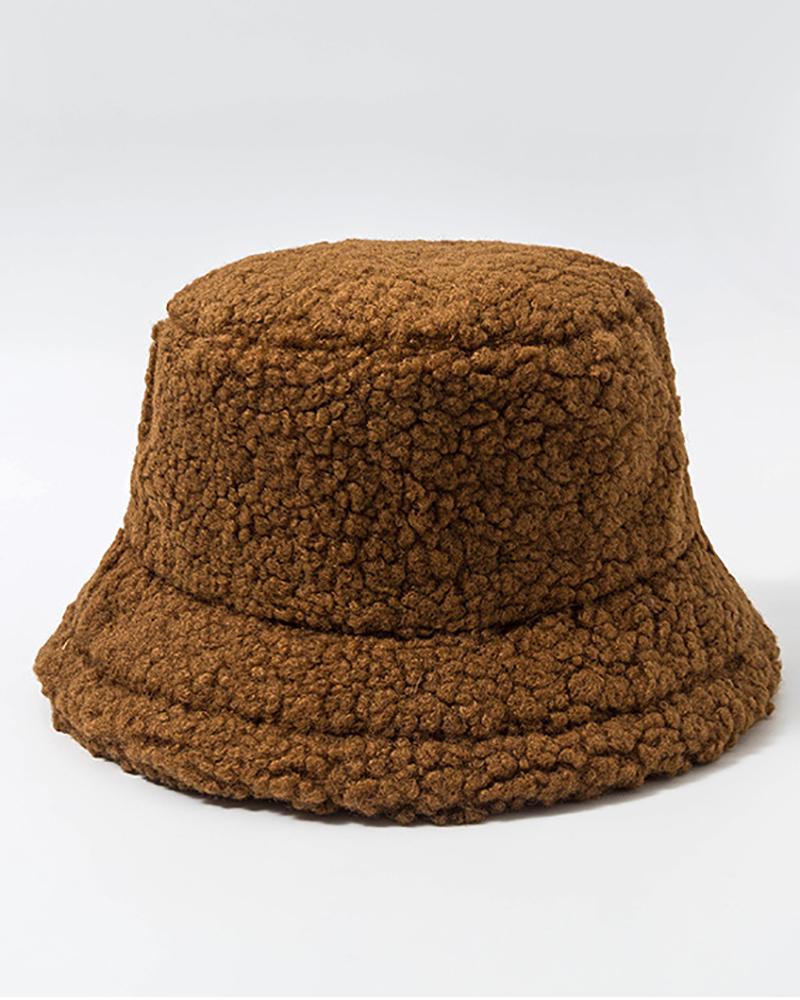 

Plain Casual Fluffy Bucket Hat, Coffee