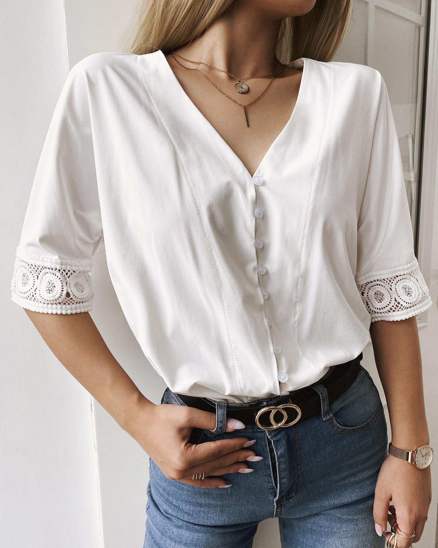 

Lace Patch Button Design V-Neck Top, White