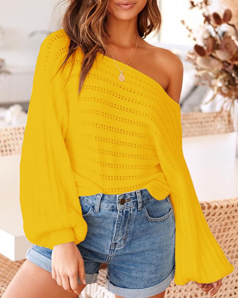 

Skew Neck Lantern Sleeve Hollow Out Sweater, Yellow